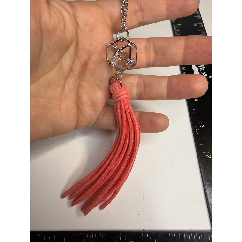 Geometric Cage Crystal Pendant Necklace Coral Pink Tassel Silver Tone Long Chain